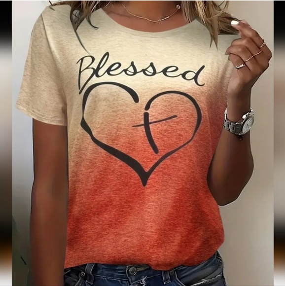NWT "Blessed" Faith Ombre gold- orange cross heart t-shirt super soft - Picture 2 of 7